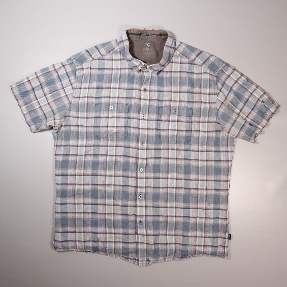 Kuhl Skorpio Shirt Men Size XL Linen Blend Short Sleeve Gray Plaid Lightweight